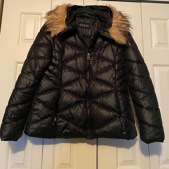 Guess Jackets & Blazers - Guess Quilted Black Puffer with Tan Faux Fur Hood